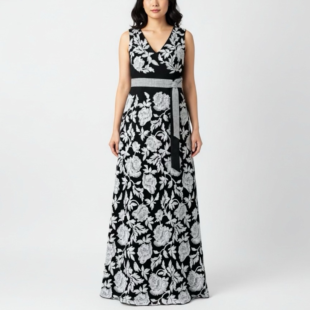 Tadashi Shoji Sentei Gown Ivory Black Embroidered Floral Formal Dress 20Q READ - Picture 1 of 16